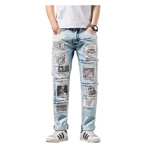 Abstract Patterned Patchwork Slim Straight Jeans