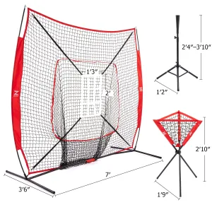 Baseball Net 7x7ft Baseball Hitting Net with 12 Baseballs & Batting Tee & Ball Caddy-Red