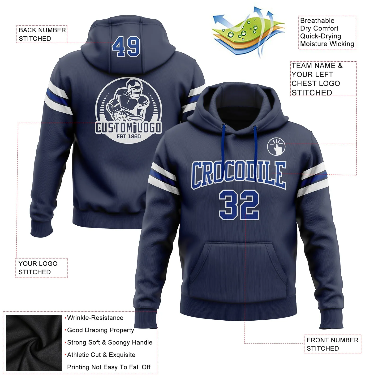 Custom Stitched Navy Royal-White Football Pullover Sweatshirt Hoodie