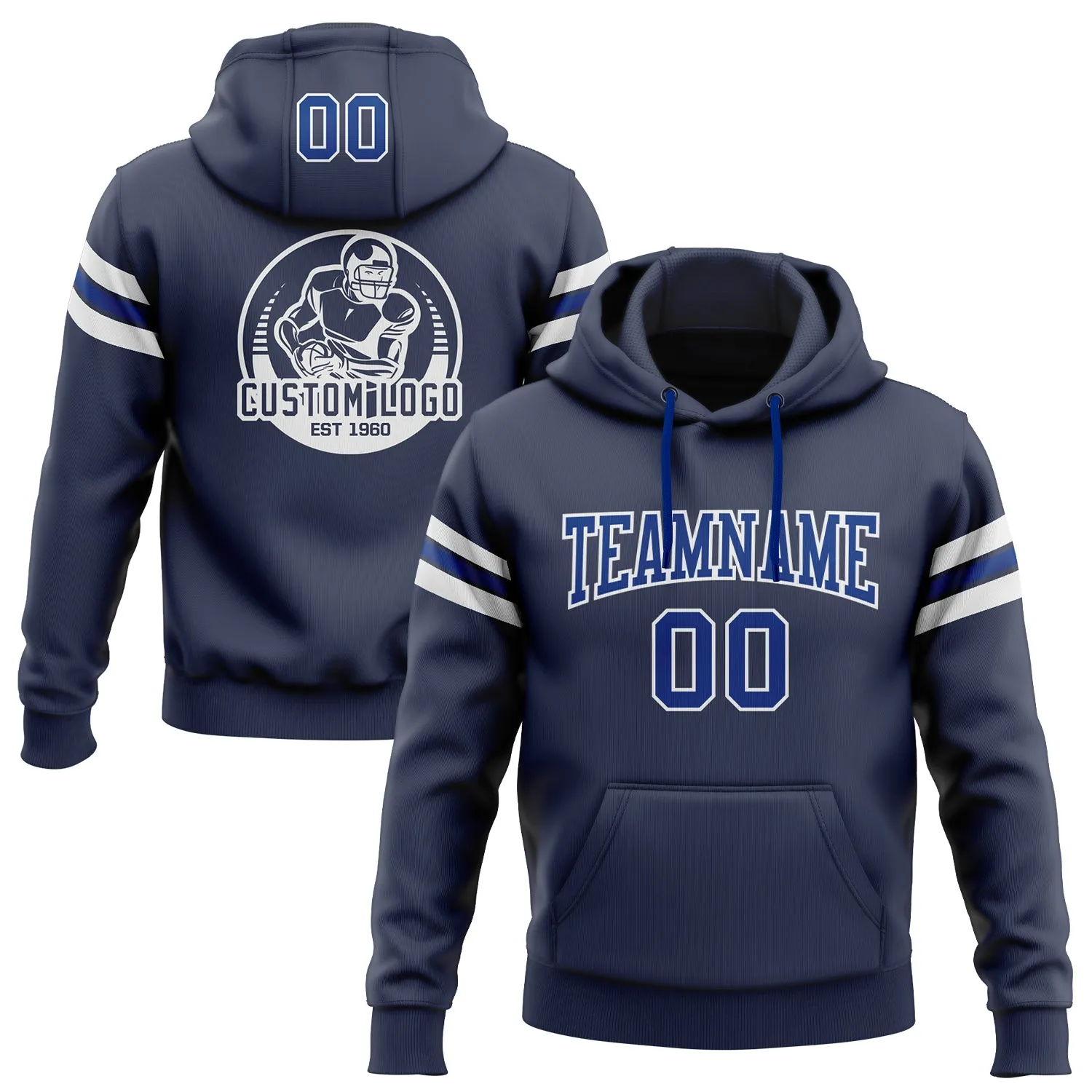 Custom Stitched Navy Royal-White Football Pullover Sweatshirt Hoodie