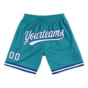 Custom Teal White-Royal Authentic Throwback Basketball Shorts