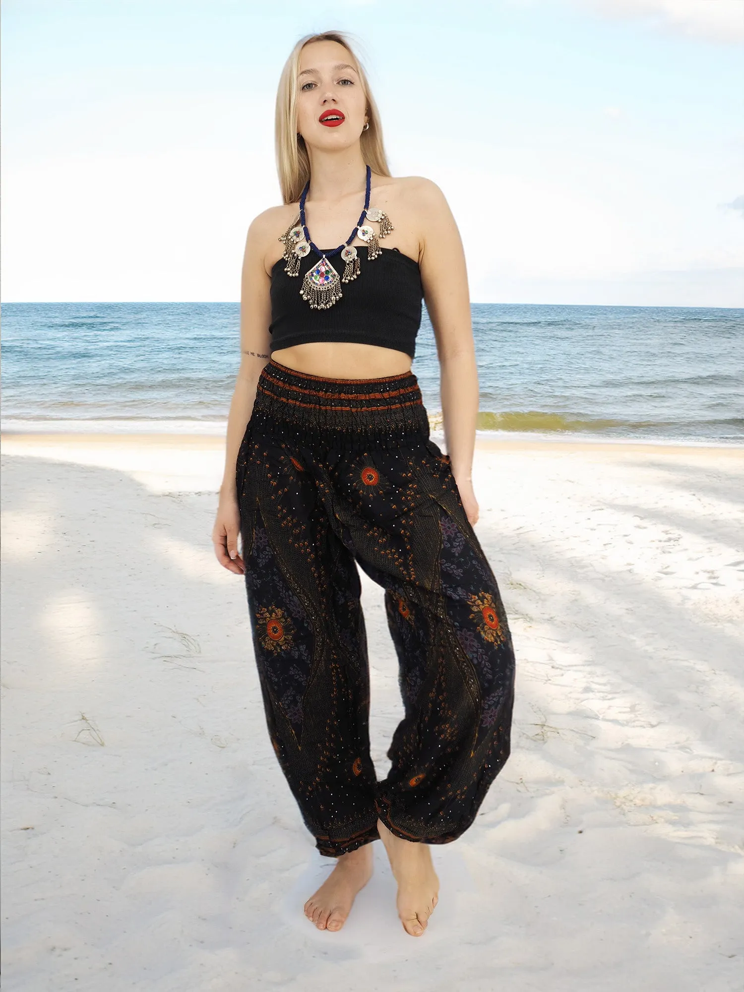 Unisex Harem Yoga Hippie Boho Pants in Black With Orange Red Flowers Tones Color L