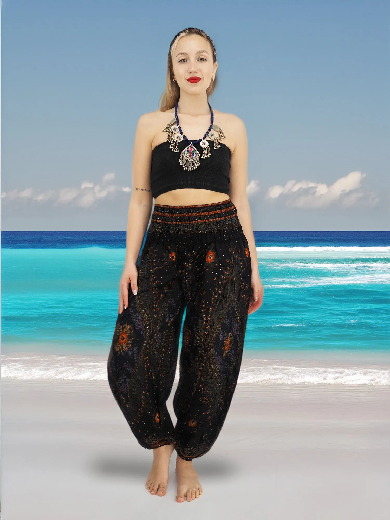 Unisex Harem Yoga Hippie Boho Pants in Black With Orange Red Flowers Tones Color L